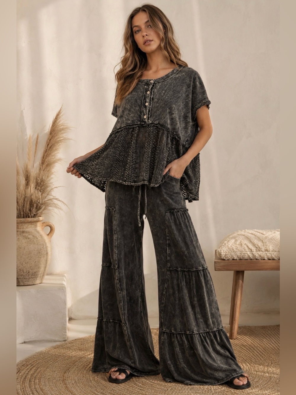 994. Women’s Ash Black Lace Boho Top & Relaxed Pant Set NEW